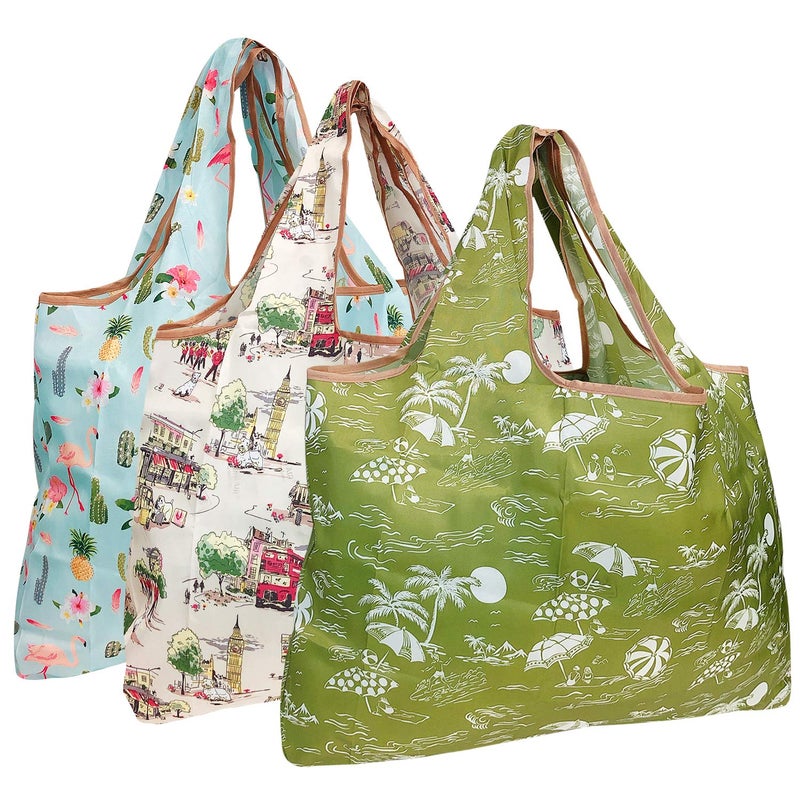 allydrew Large Foldable Tote Nylon Reusable Grocery Bag, 3 Pack, Destination Places - Image 1